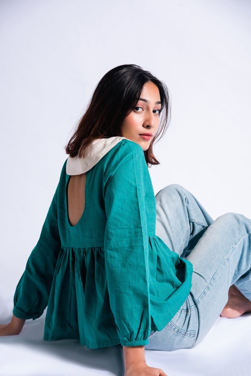 UFO Top | 100% Handwoven Cotton Fabric | Turquoise & Cream Peplum & Sailor Collar | Verified Sustainable by Brown Living™