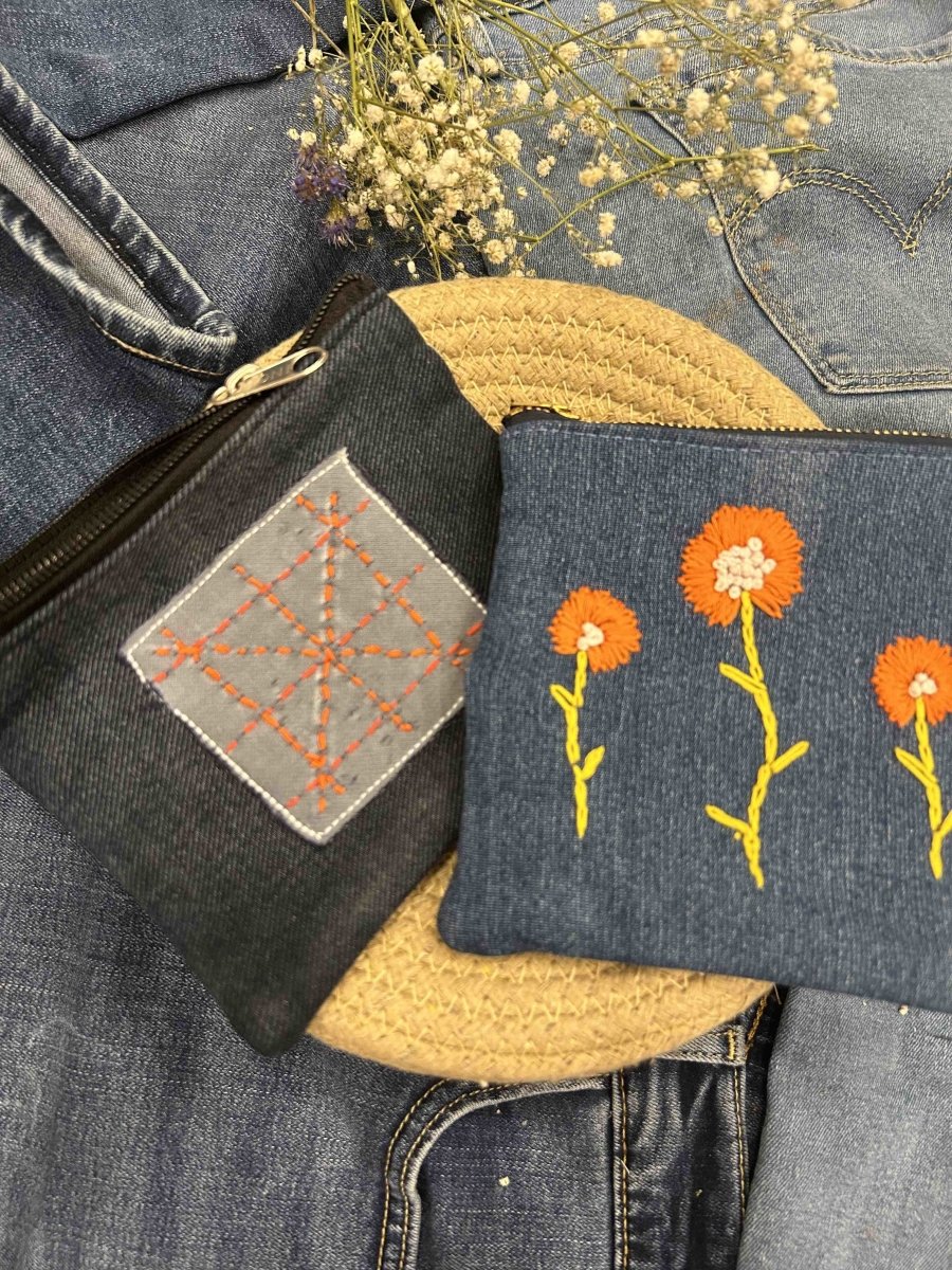 Upcycled Denim Pouch Combo | Set of 2 | Hand Embroidered | Verified Sustainable by Brown Living™