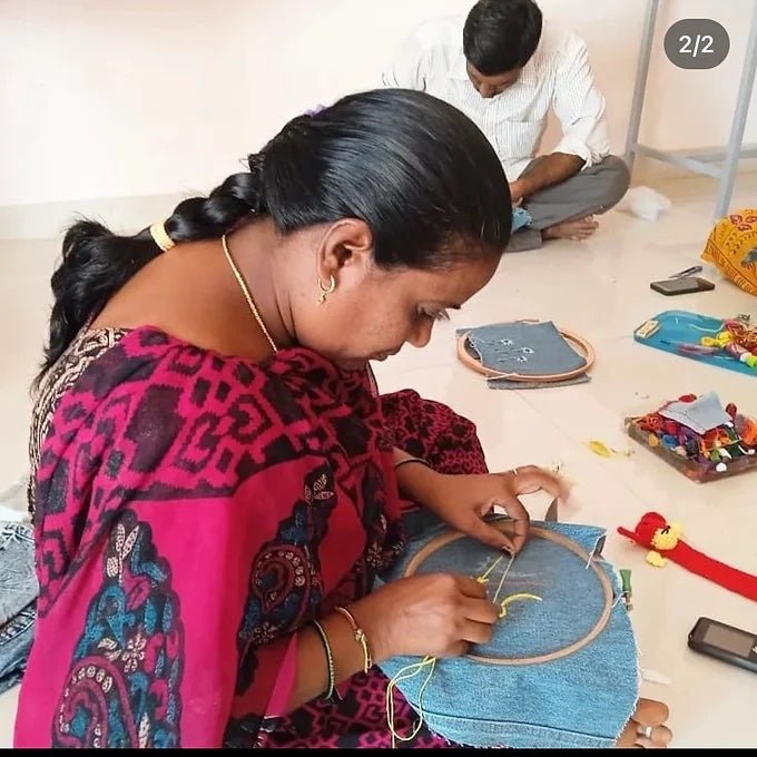 Upcycled Denim Pouch with Hand Embroidery | Verified Sustainable by Brown Living™