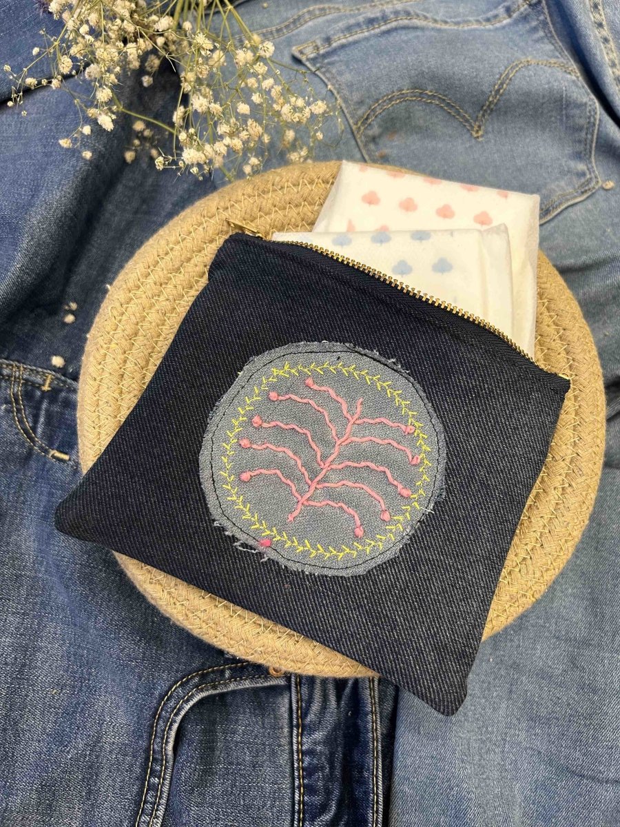 Upcycled Denim Pouch with Hand Embroidery | Verified Sustainable by Brown Living™