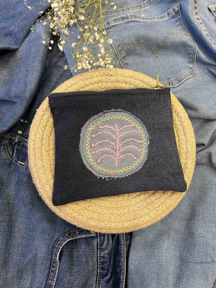 Upcycled Denim Pouch with Hand Embroidery | Verified Sustainable by Brown Living™