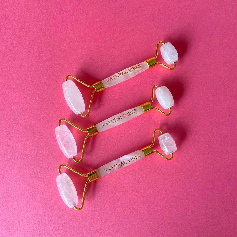 White Crystal Quartz Roller & Massager for Face, Neck and Under eye with FREE Gold Oil – Massager by Natural Vibes available on Brown Living™. . SKU: 063 - 05468 - NV_White_Roller_oil. Img 8.