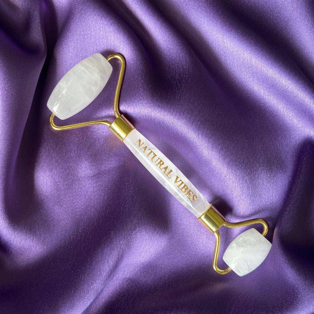 White Crystal Quartz Roller & Massager for Face, Neck and Under eye with FREE Gold Oil – Massager by Natural Vibes available on Brown Living™. . SKU: 063 - 05468 - NV_White_Roller_oil. Img 9.