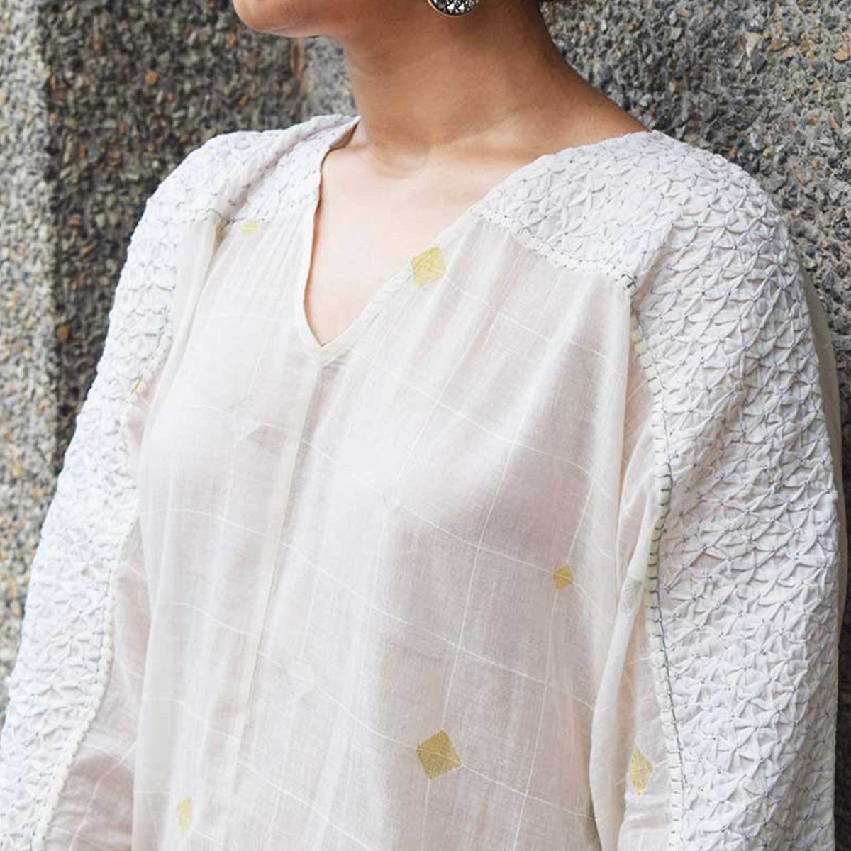White Jamdani Kimono – Womens Top by Sonica Sarna available on Brown Living™. M - L . SKU: 274 - 14361 - SSD - 133. Img 3.