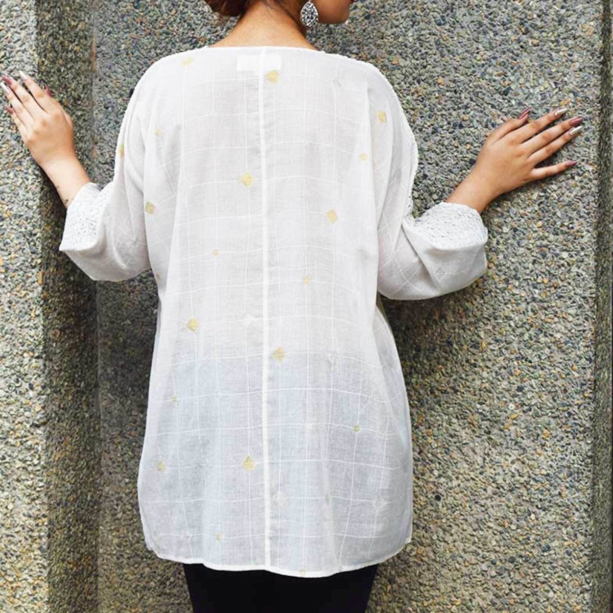 White Jamdani Kimono – Womens Top by Sonica Sarna available on Brown Living™. M - L . SKU: 274 - 14361 - SSD - 133. Img 4.