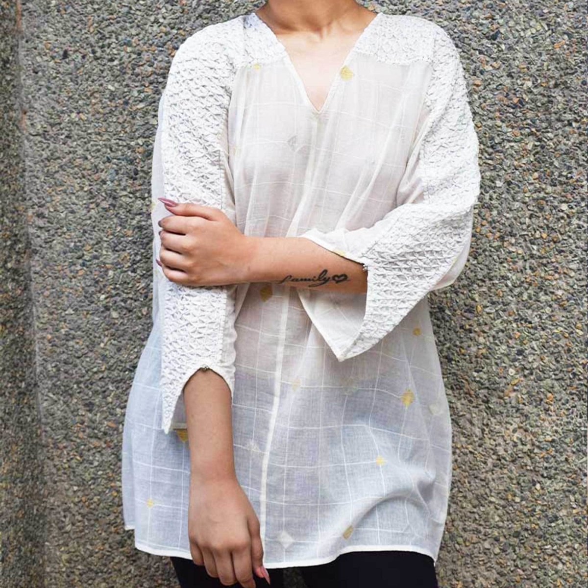 White Jamdani Kimono – Womens Top by Sonica Sarna available on Brown Living™. M - L . SKU: 274 - 14361 - SSD - 133. Img 1.