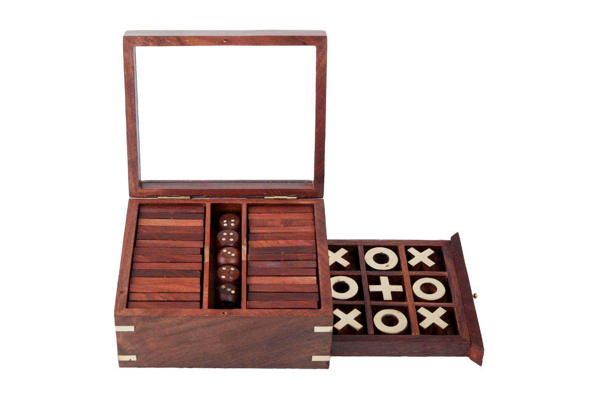 Handmade Wooden Tic Tac Toe Game| 28 Dominoes, 9 Tokens & 5 Wooden Dice – Learning & Educational Toys on Brown Living™. SKU: 1123. Img 2.