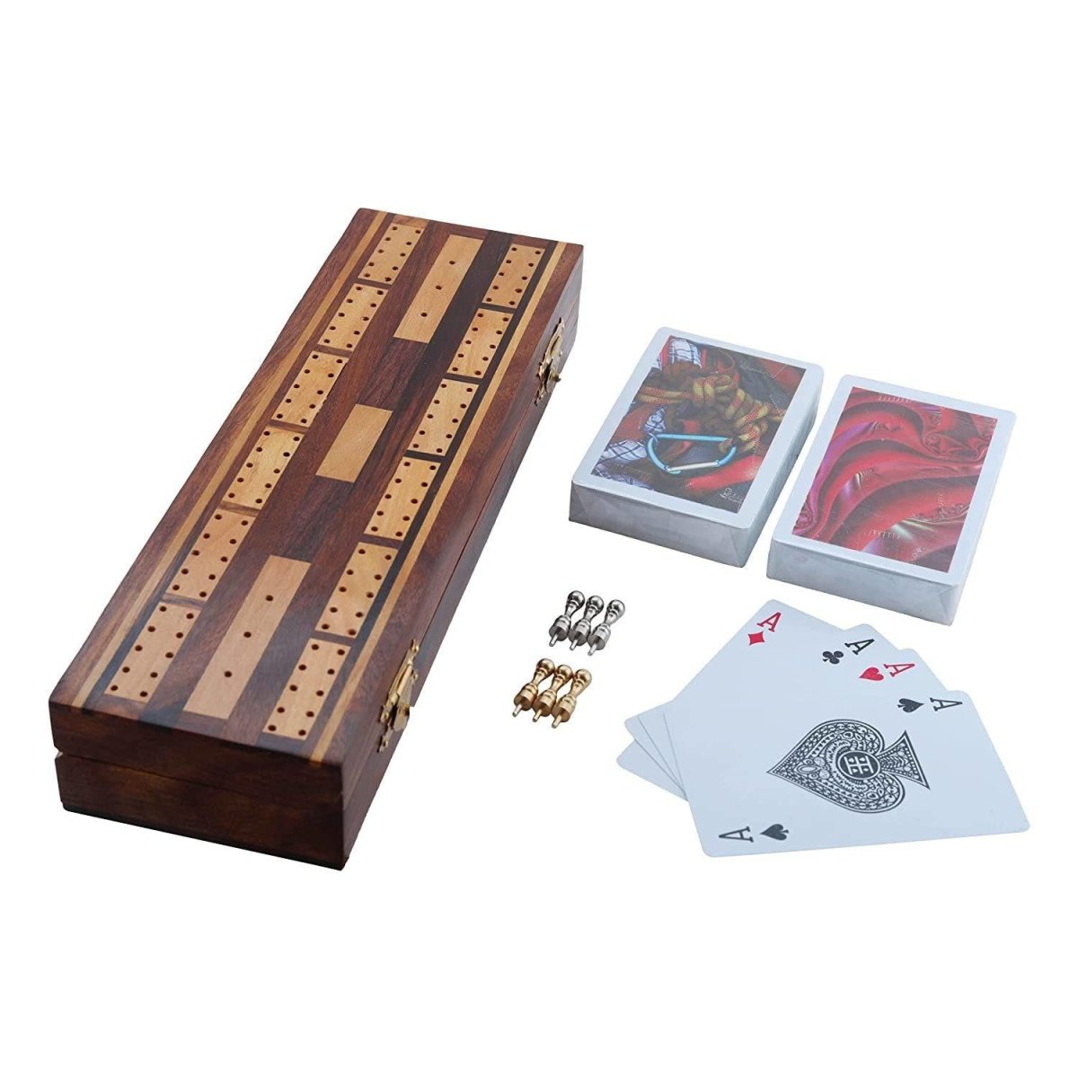 Wooden Cribbage Boards Set | 2 Decks of Cards and 6 Metal Cribbage Pegs Set – Learning & Educational Toys on Brown Living™. SKU: 1144. Img 1.