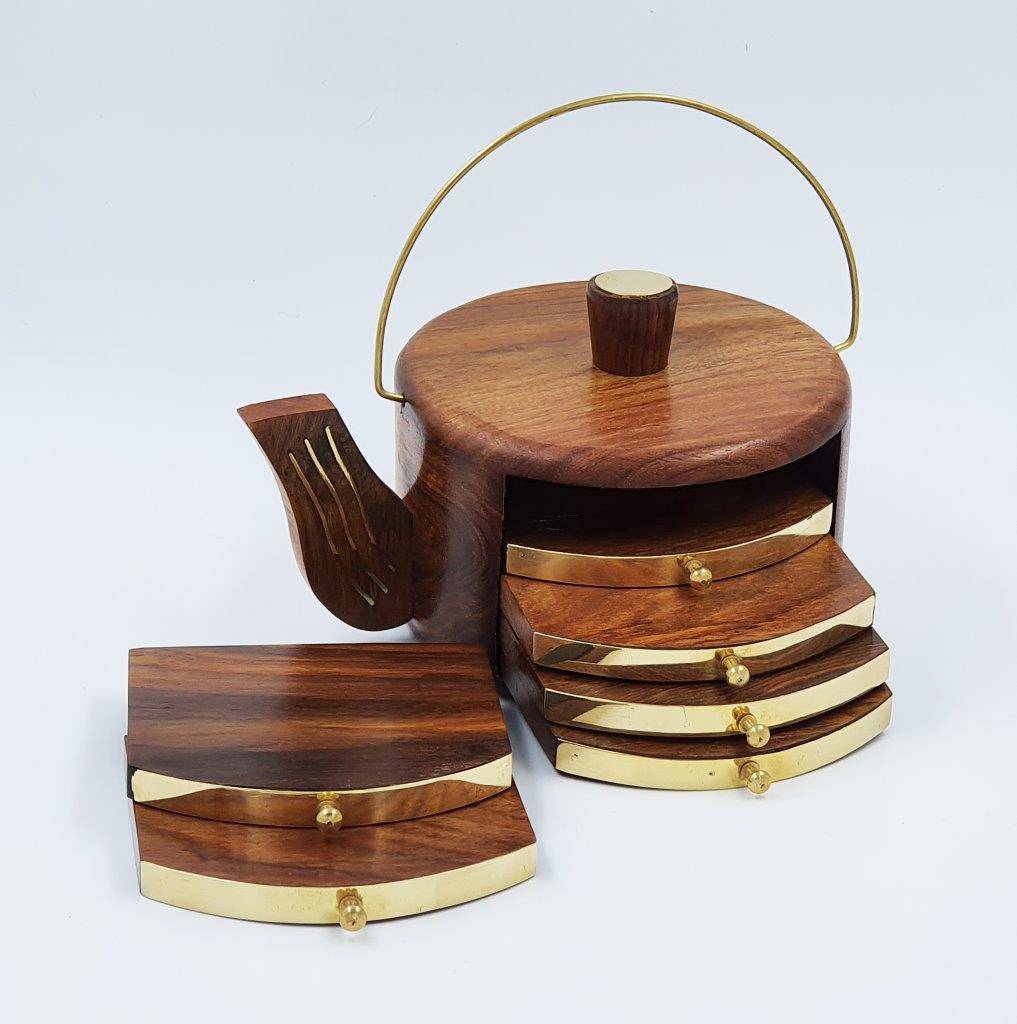 Wooden Kettle Shaped Coasters - Set of 6 – Table Decor on Brown Living™. SKU: 1107. Img 2.