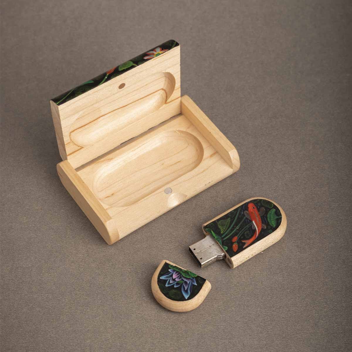 Wooden Pen Drive And Box Set with Hand Painted Koi Fish In Water – Tech Accessories on Brown Living™. SKU: PN13021. Img 1.