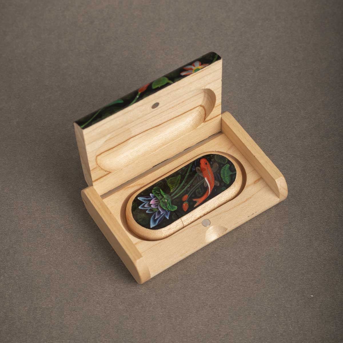 Wooden Pen Drive And Box Set with Hand Painted Koi Fish In Water – Tech Accessories on Brown Living™. SKU: PN13021. Img 3.