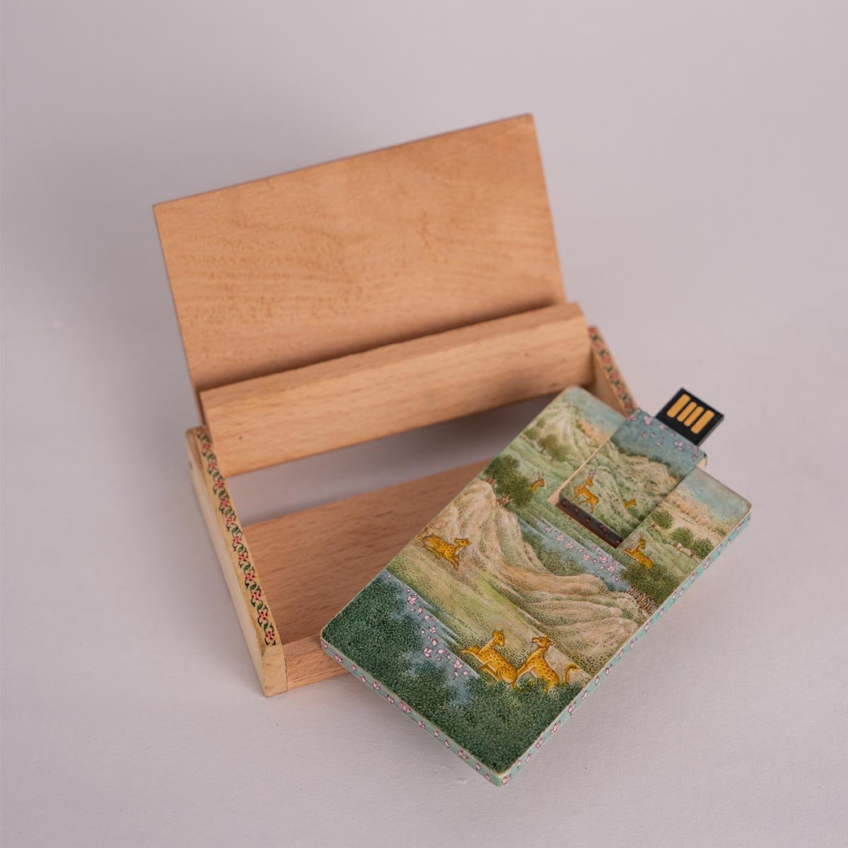 Wooden Pen Drive Box Set With Hand Painted Miniature Art – Tech Accessories on Brown Living™. SKU: PN13028. Img 3.