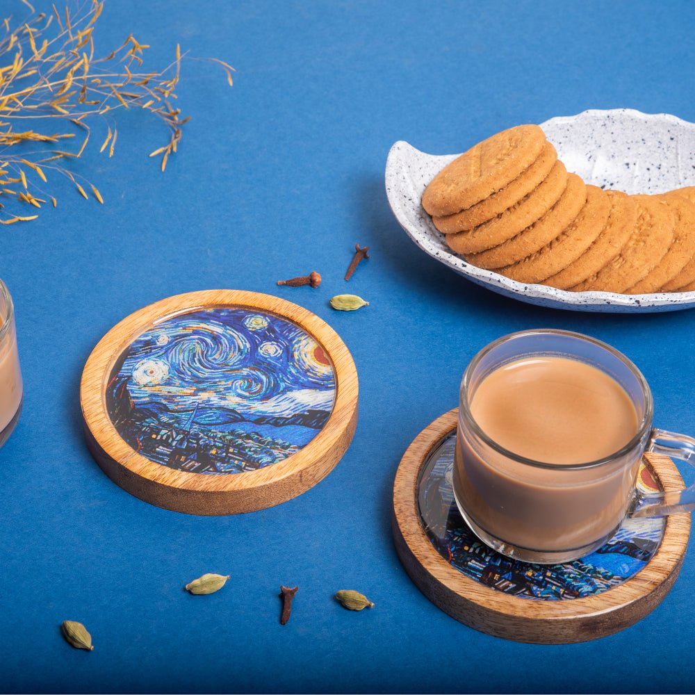 Wooden Round Coasters with Blue Abstract Print Design Set of 2 | Verified Sustainable by Brown Living™