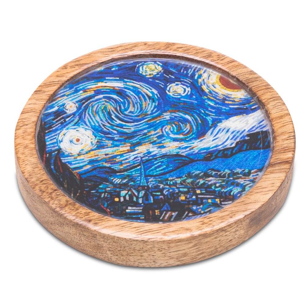 Wooden Round Coasters with Blue Abstract Print Design Set of 2 | Verified Sustainable by Brown Living™