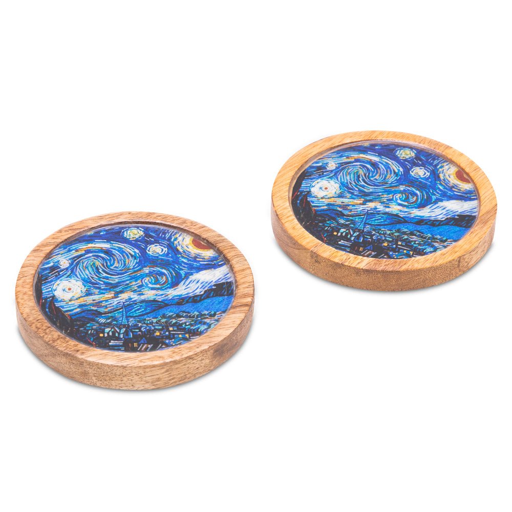 Wooden Round Coasters with Blue Abstract Print Design Set of 2 | Verified Sustainable by Brown Living™