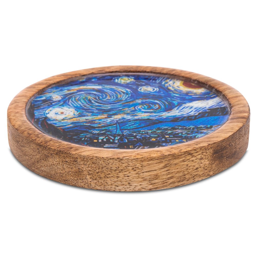 Wooden Round Coasters with Blue Abstract Print Design Set of 2 | Verified Sustainable by Brown Living™
