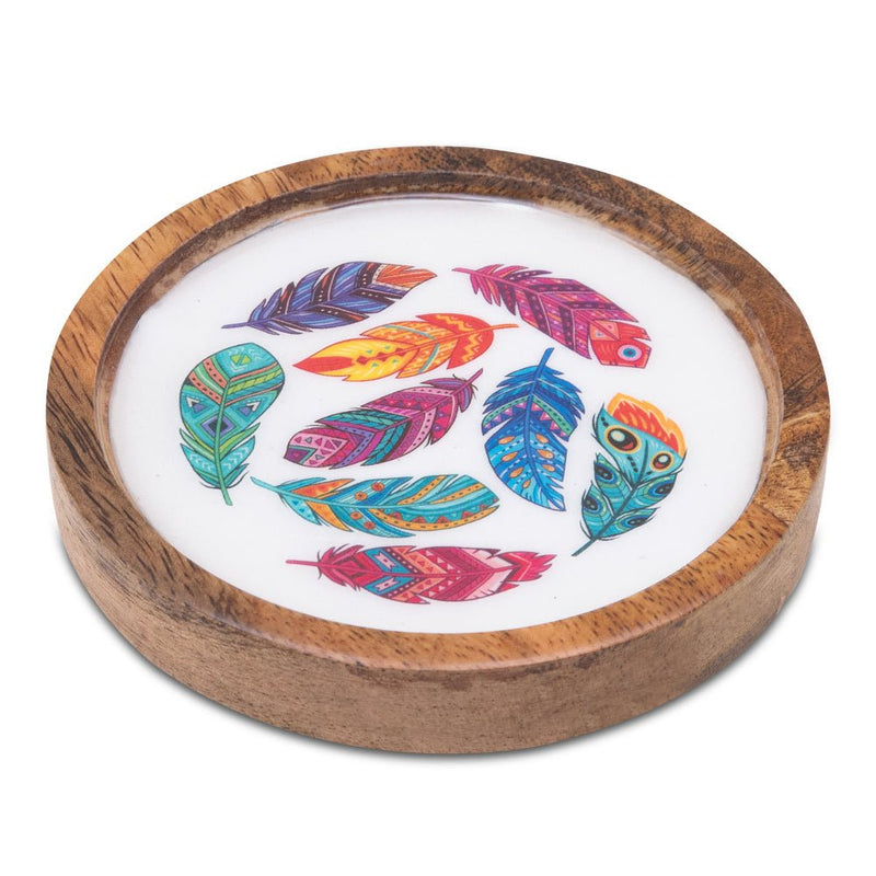 Buy Wooden Round Coasters with Feather Print Design Set of 2 | Shop Verified Sustainable Table Essentials on Brown Living™