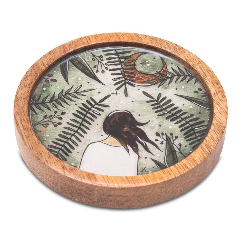 Buy Wooden Round Coasters with Green Girl Print Design Set of 2 | Shop Verified Sustainable Table Essentials on Brown Living™