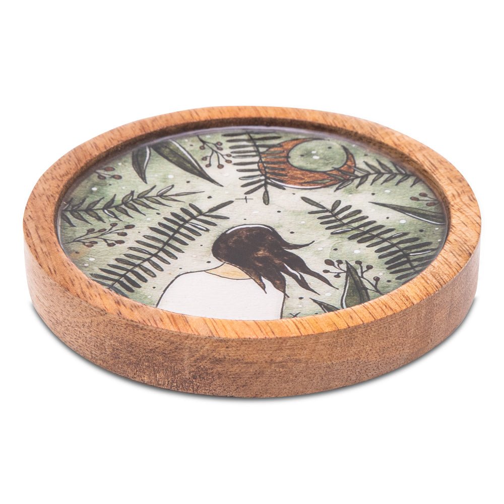 Wooden Round Coasters with Green Girl Print Design Set of 2 | Verified Sustainable by Brown Living™