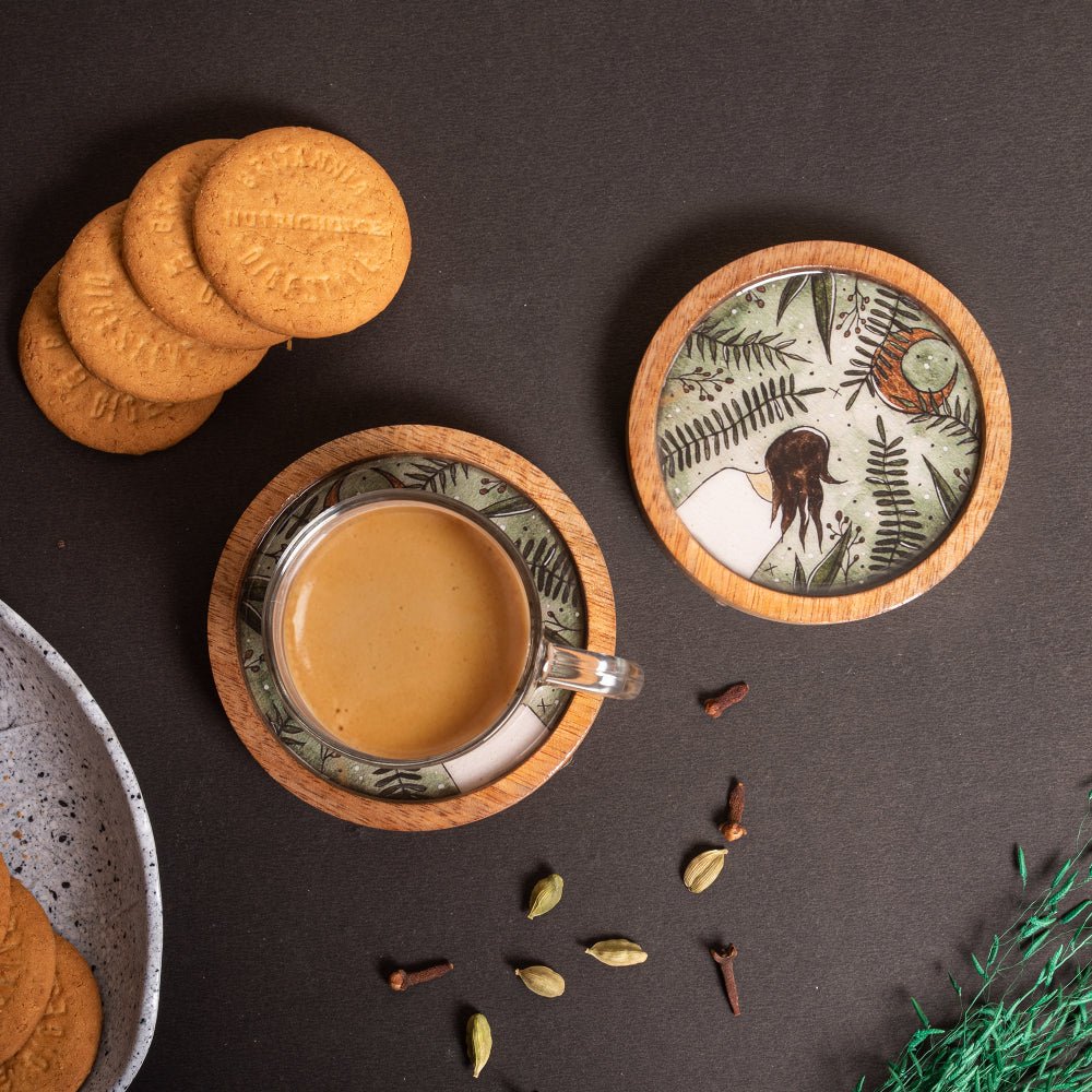 Wooden Round Coasters with Green Girl Print Design Set of 2 | Verified Sustainable by Brown Living™
