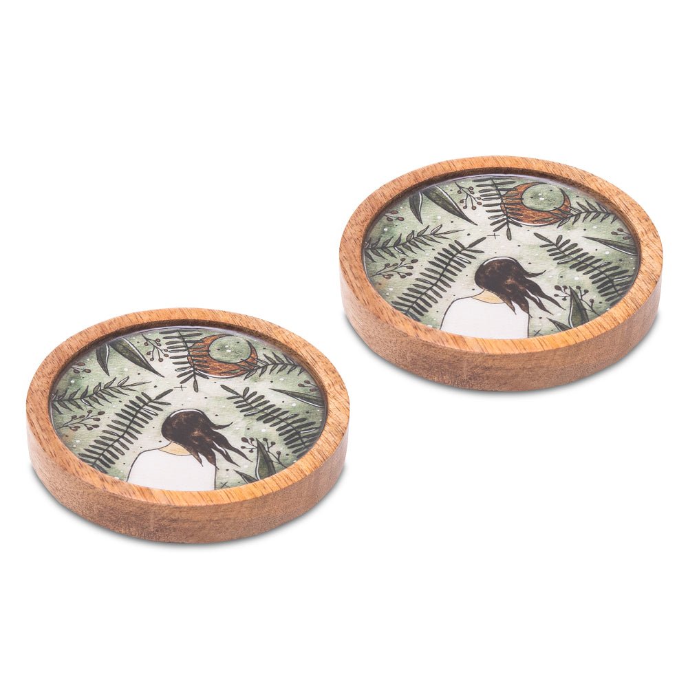 Wooden Round Coasters with Green Girl Print Design Set of 2 | Verified Sustainable by Brown Living™