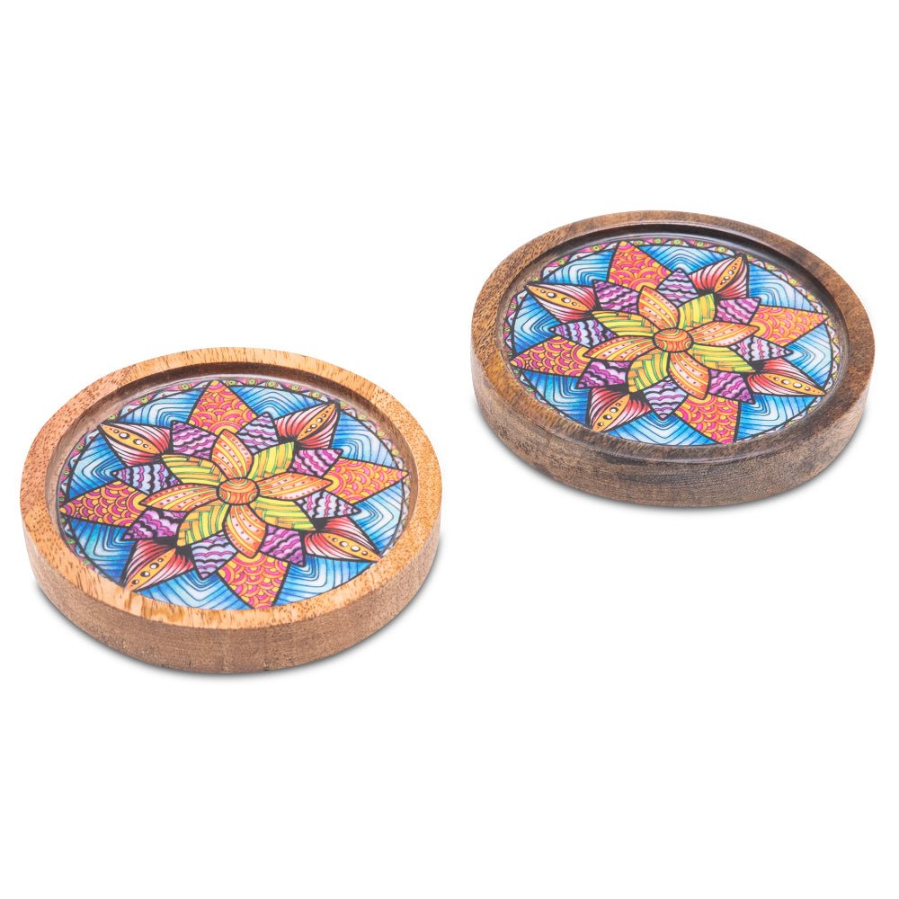 Wooden Round Coasters with Mandala Print Design Set of 2 | Verified Sustainable by Brown Living™