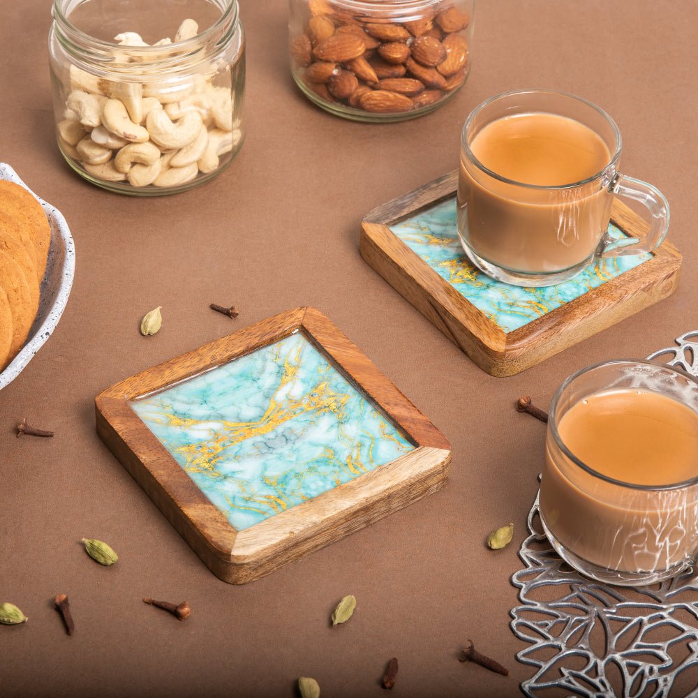 Wooden Square Coasters with Abstract Print Design Set of 2 | Verified Sustainable by Brown Living™