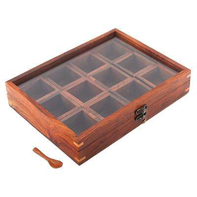 Sheesham Wood 12 Containers Spice Box with Spoon – Kitchen Organizers on Brown Living™. SKU: 1048651. Img 5.