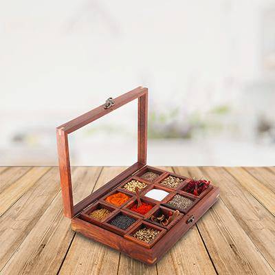 Sheesham Wood 12 Containers Spice Box with Spoon – Kitchen Organizers on Brown Living™. SKU: 1048651. Img 1.