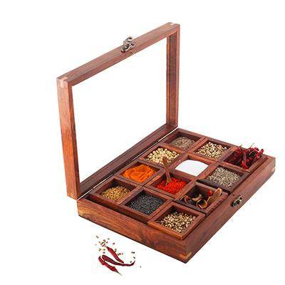 Sheesham Wood 12 Containers Spice Box with Spoon – Kitchen Organizers on Brown Living™. SKU: 1048651. Img 3.