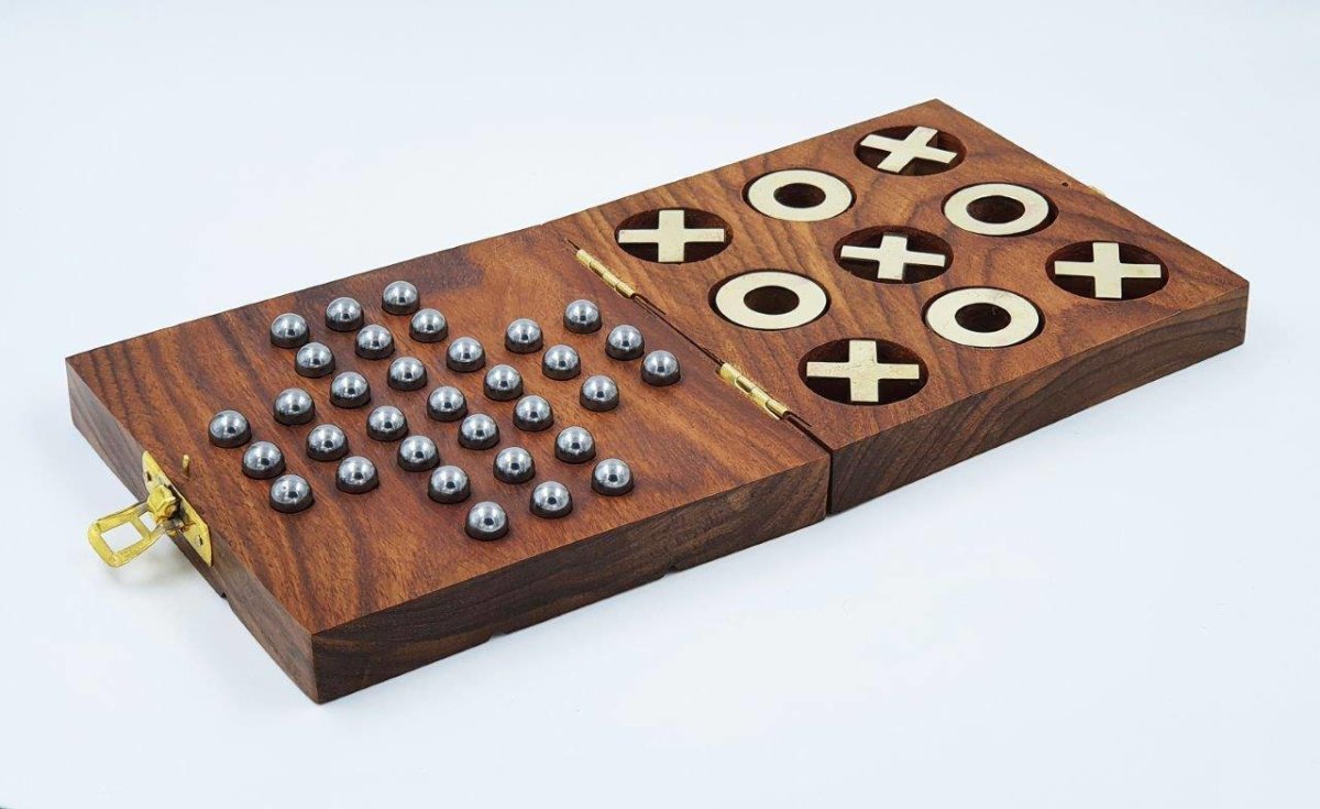 Wooden Tic Tac Toe & Solitaire Board Game | Travel Board Game – Learning & Educational Toys on Brown Living™. SKU: 1108. Img 1.