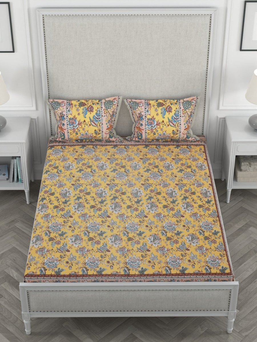 Yellow Floral Print Pure Cotton King Size Bedsheet with 2 Pillow Covers | Verified Sustainable by Brown Living™