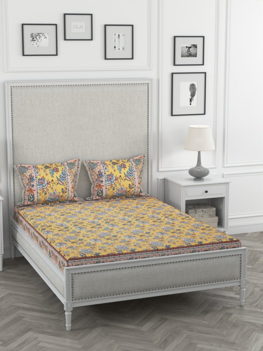 Yellow Floral Print Pure Cotton King Size Bedsheet with 2 Pillow Covers | Verified Sustainable by Brown Living™
