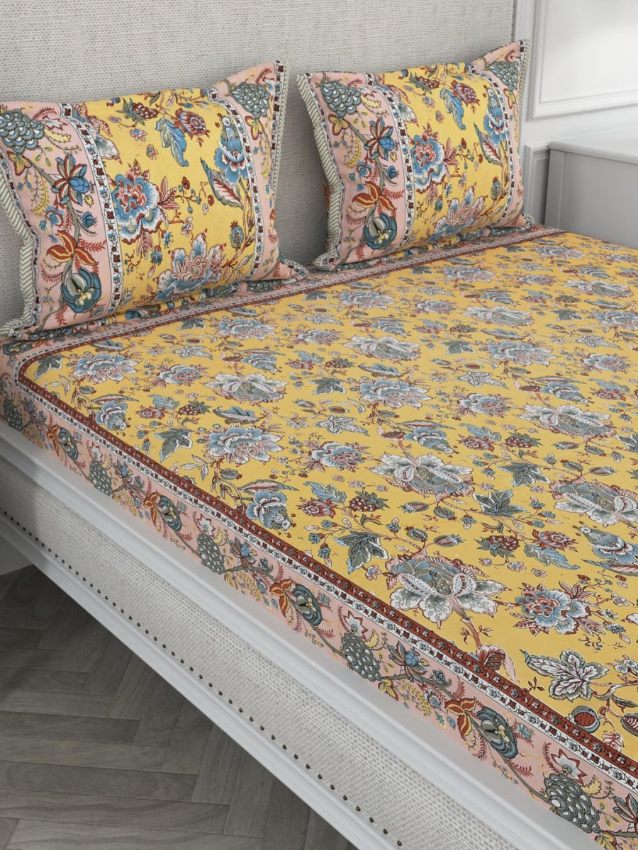 Yellow Floral Print Pure Cotton King Size Bedsheet with 2 Pillow Covers | Verified Sustainable by Brown Living™