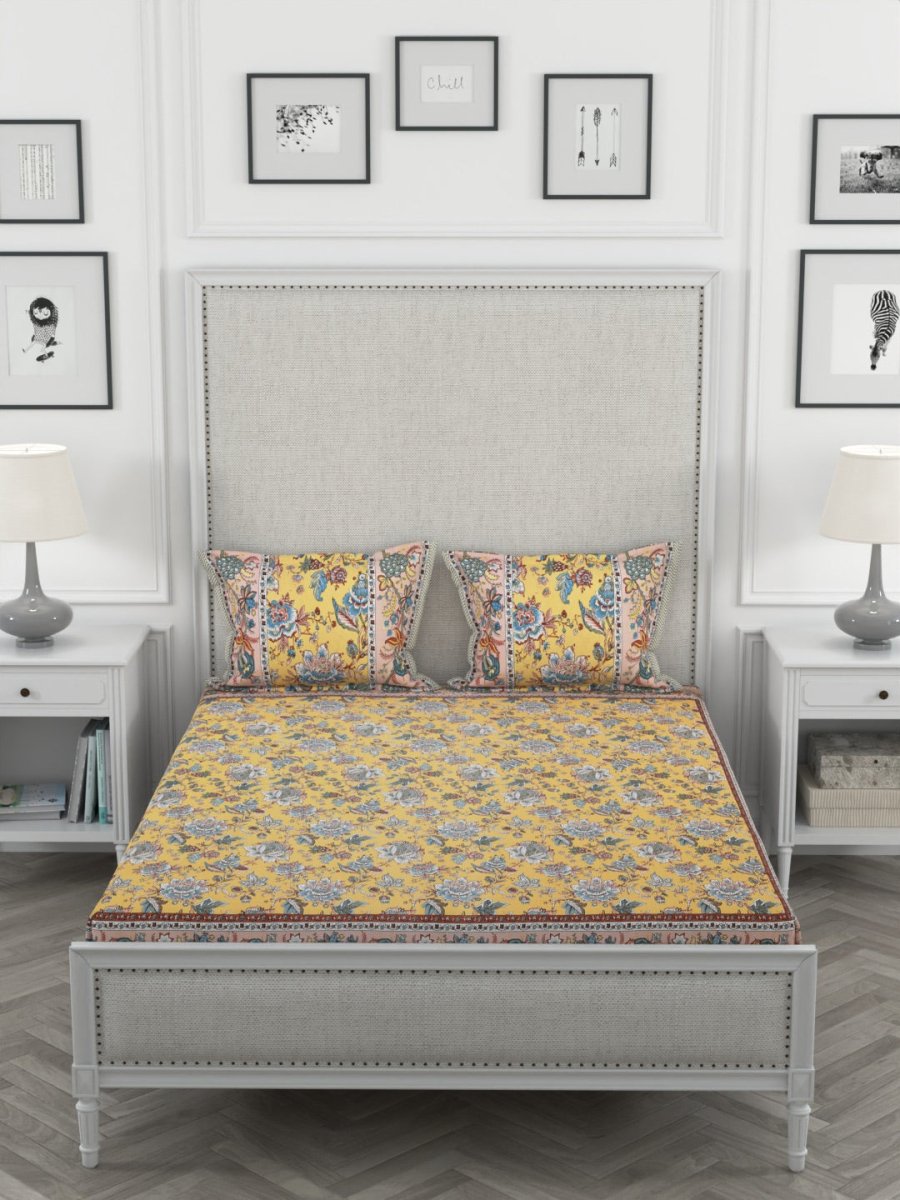 Yellow Floral Print Pure Cotton King Size Bedsheet with 2 Pillow Covers | Verified Sustainable by Brown Living™