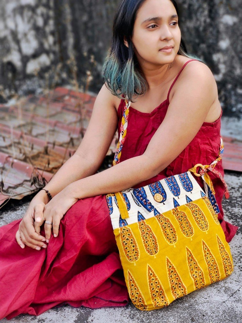 Yellow & Off - White Hand Block Printed Braided Ethnic Sling Bags – Tote Bag on Brown Living™. SKU: 076 - 16633 - AS - BPBG - 001. Img 1.