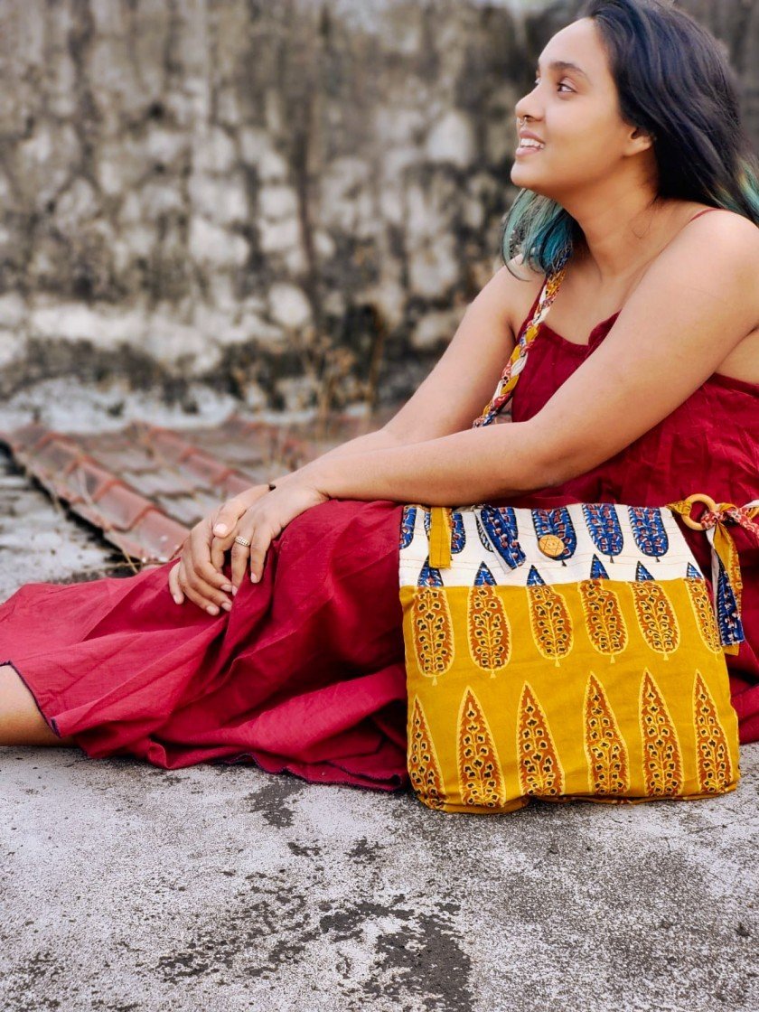 Yellow & Off - White Hand Block Printed Braided Ethnic Sling Bags – Tote Bag on Brown Living™. SKU: 076 - 16633 - AS - BPBG - 001. Img 3.
