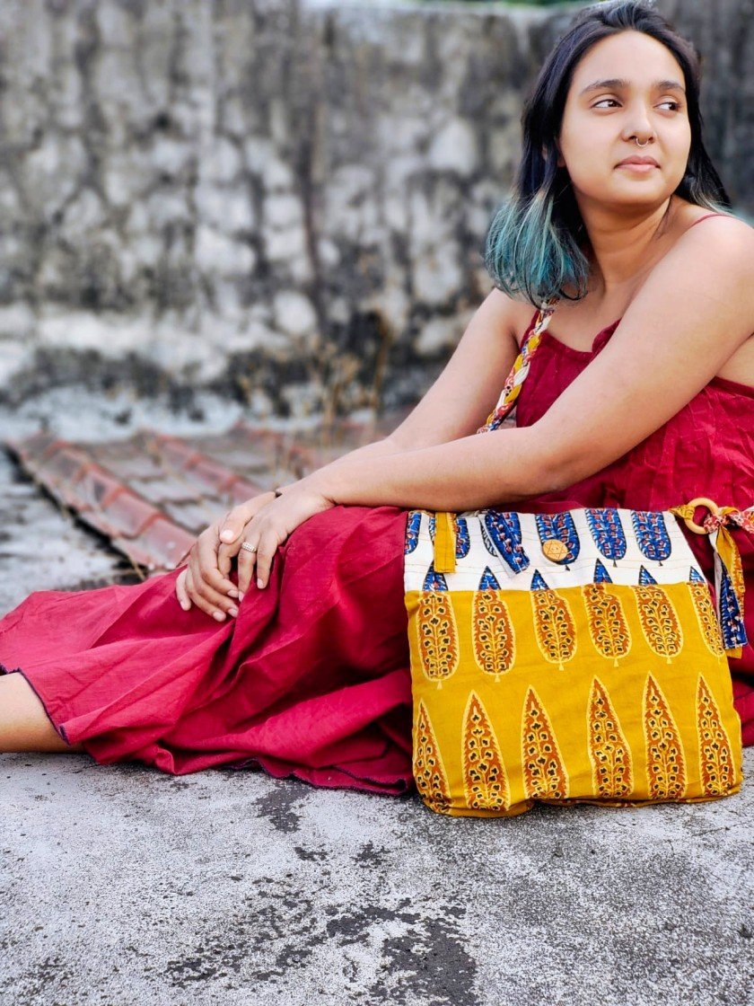 Yellow & Off - White Hand Block Printed Braided Ethnic Sling Bags – Tote Bag on Brown Living™. SKU: 076 - 16633 - AS - BPBG - 001. Img 2.