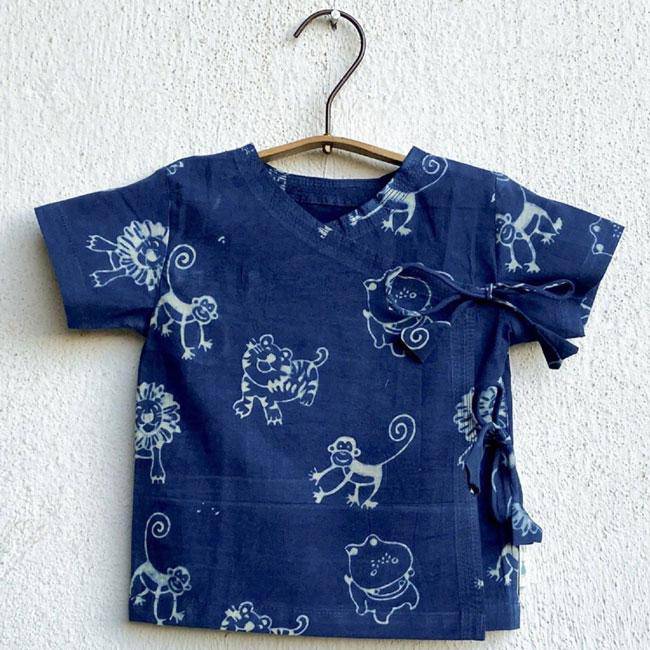 Zoo Print Indigo Angarakha Top with White Pants – Kids Daywear Sets on Brown Living™. SKU: 186 - 06112 - ZOO - ING - ANG+PLN - WHT - PYJ1. Img 3.