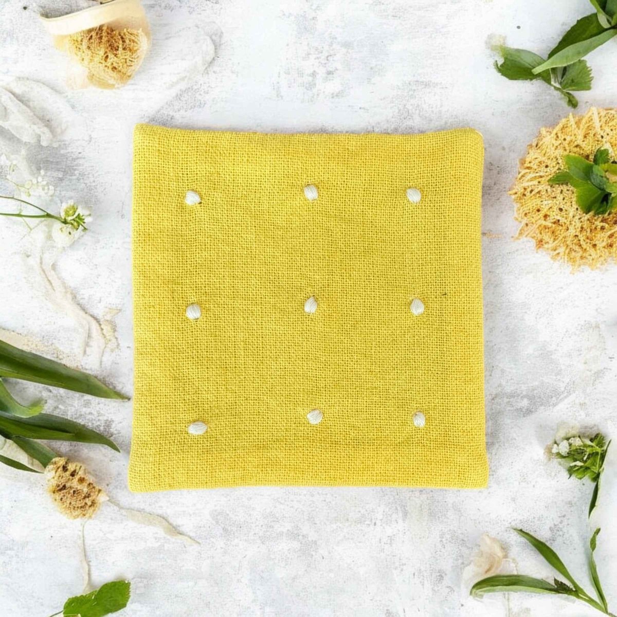 100% Cotton Anthophile Coaster Set of 2 – Handmade Floral – Coasters by Inara Home available on Brown Living™. Yellow . SKU: INCY01. Img 2.
