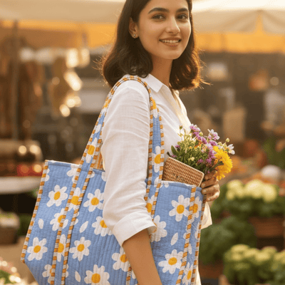 100% Cotton Hand Block Printed Tote Bag 16x14 Inches | Reusable Should – Tote Bag on Brown Living™. SKU: 14X16DAISY. Img 1.