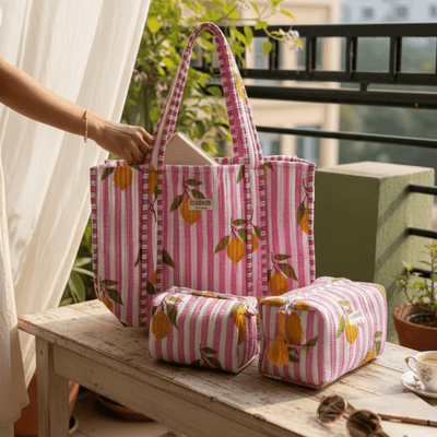 100% Cotton Hand Block Printed Tote Bag 16x14 Inches | Reusable Should – Tote Bag on Brown Living™. SKU: 14x16PINKLEMONCOMBO. Img 11.