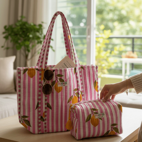 100% Cotton Hand Block Printed Tote Bag 16x14 Inches | Reusable Should – Tote Bag on Brown Living™. SKU: 14x16PINKLEMONCOMBO. Img 10.