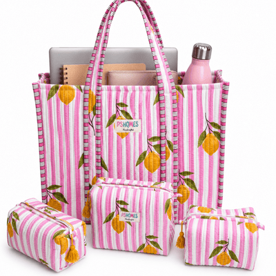 100% Cotton Hand Block Printed Tote Bag 16x14 Inches | Reusable Should – Tote Bag on Brown Living™. SKU: 14x16PINKLEMONCOMBO. Img 12.