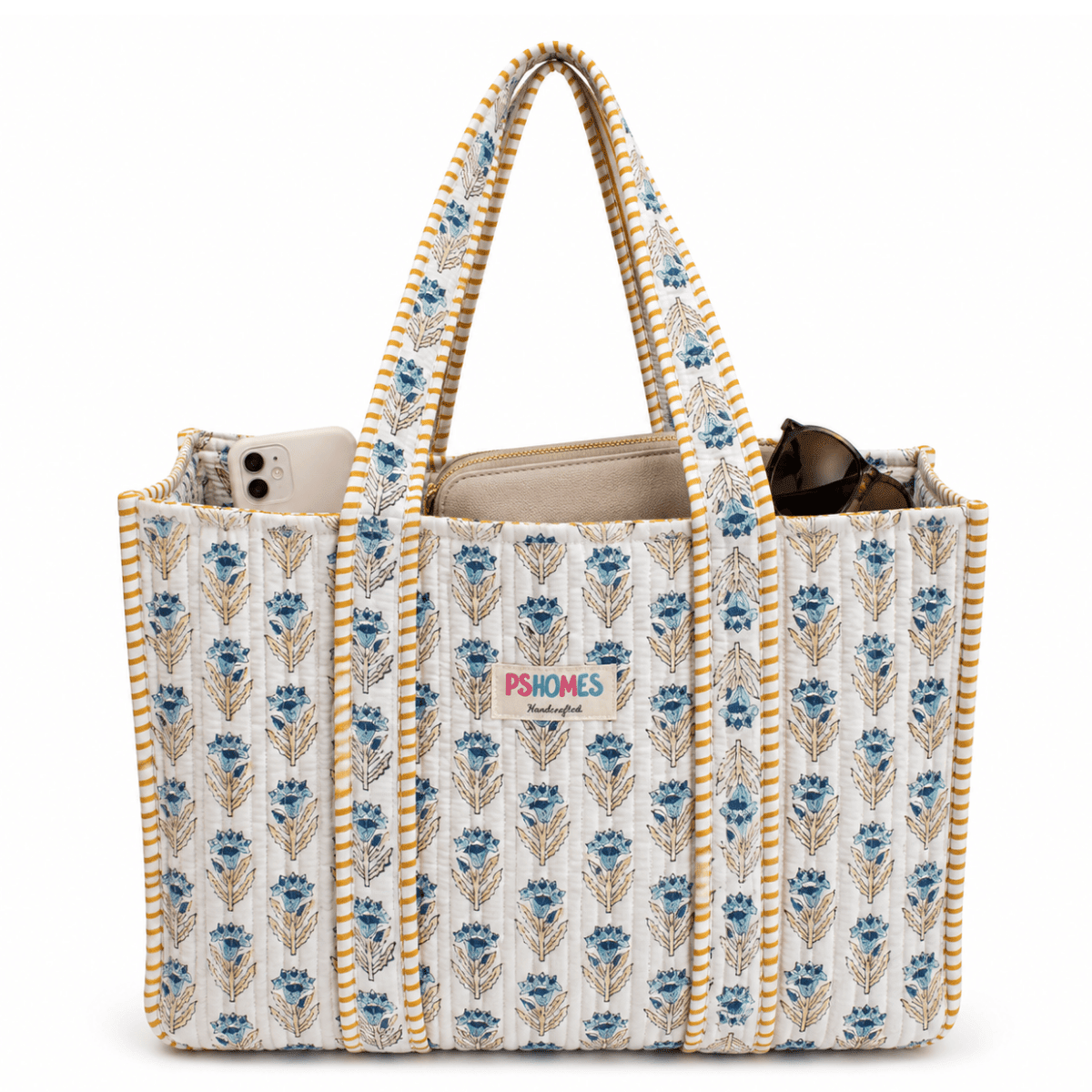 100% Cotton Hand Block Printed Tote Bag 16x14 Inches | Reusable Should – Tote Bag on Brown Living™. SKU: 14X16WHITEBLOCK. Img 5.