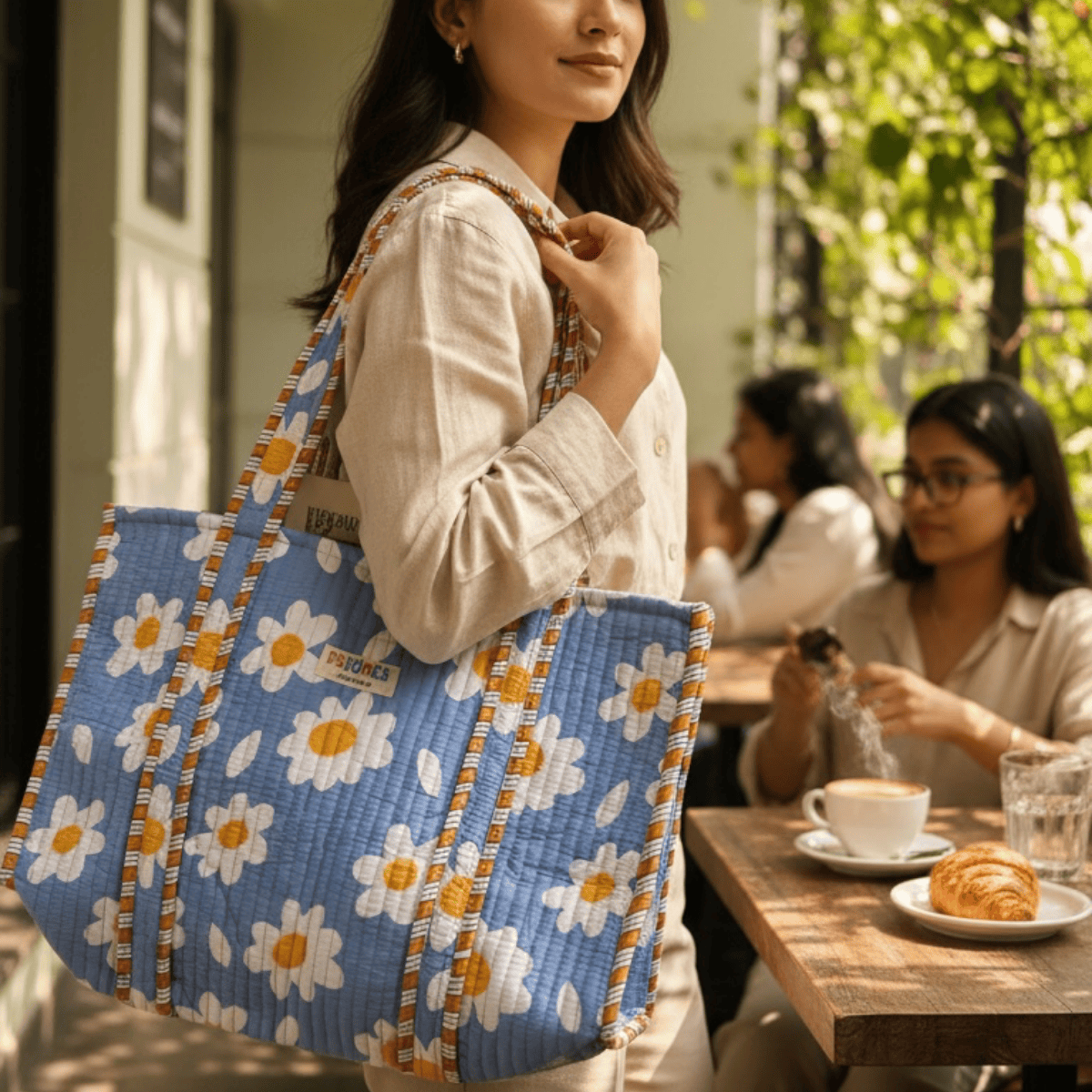 100% Cotton Hand Block Printed Tote Bag 16x14 Inches | Reusable Should – Tote Bag on Brown Living™. SKU: 14X16WHITEBLOCK. Img 9.