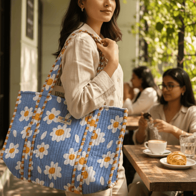100% Cotton Hand Block Printed Tote Bag 16x14 Inches | Reusable Should – Tote Bag on Brown Living™. SKU: 14X16WHITEBLOCK. Img 9.