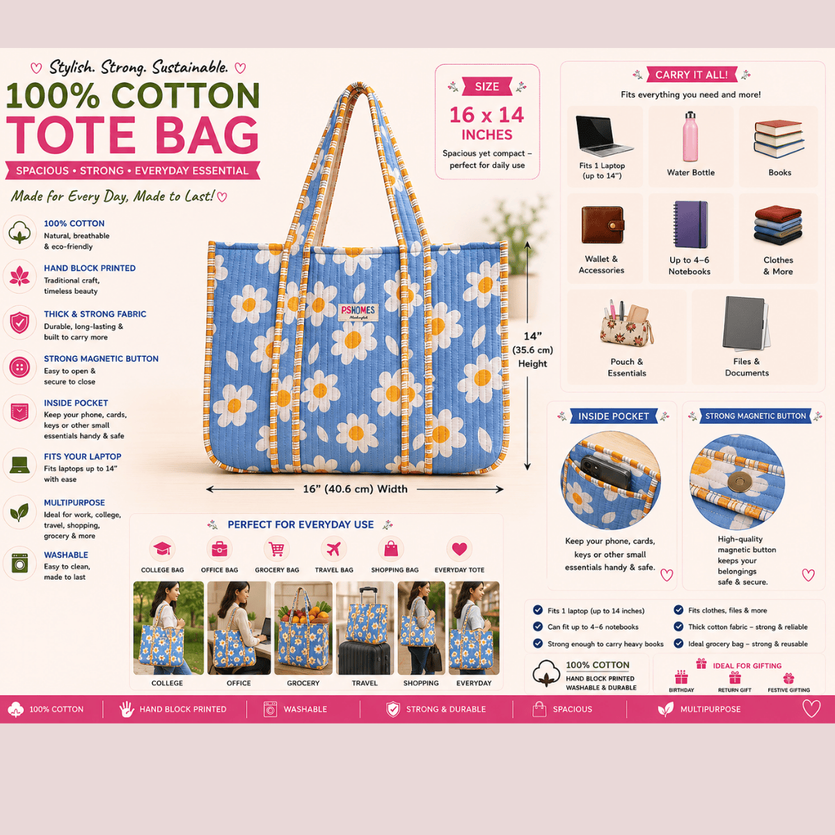 100% Cotton Hand Block Printed Tote Bag 16x14 Inches | Reusable Should – Tote Bag on Brown Living™. SKU: 14X16WHITEBLOCK. Img 7.