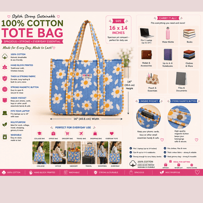 100% Cotton Hand Block Printed Tote Bag 16x14 Inches | Reusable Should – Tote Bag on Brown Living™. SKU: 14X16WHITEBLOCK. Img 7.