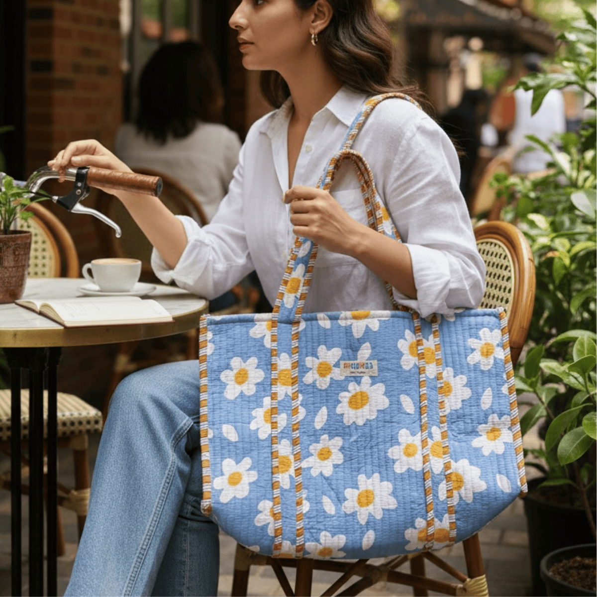 100% Cotton Hand Block Printed Tote Bag 16x14 Inches | Reusable Should – Tote Bag on Brown Living™. SKU: 14X16WHITEBLOCK. Img 8.